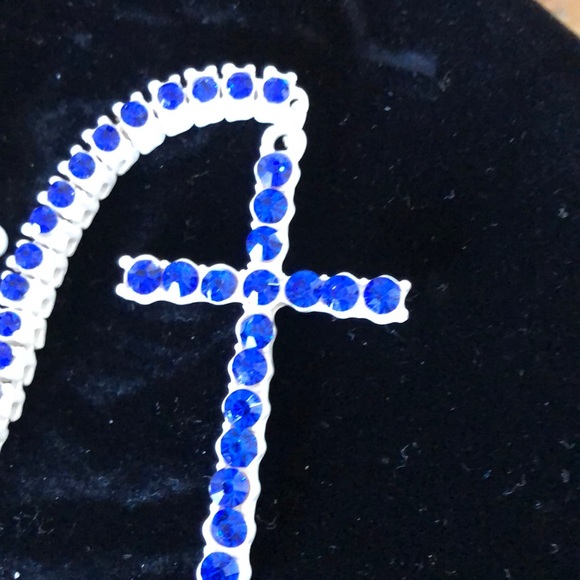 Blue white CZ rosary cross Jesus long necklace - Picture 6 of 6